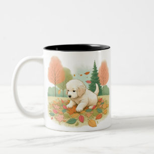 A cup of coffee for a confused dog with leaves