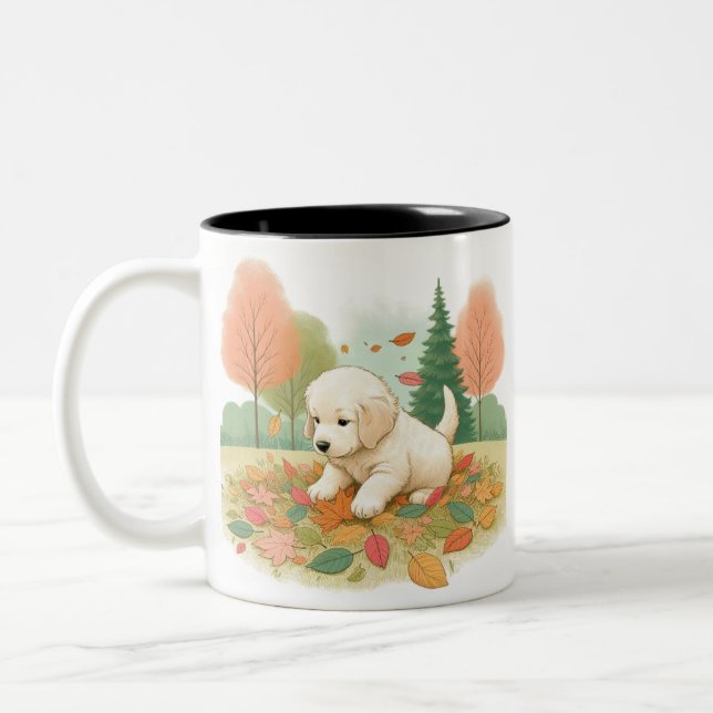 A cup of coffee for a confused dog with leaves (Left)