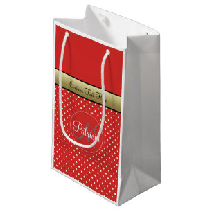 A Customised Tomato Red Polka Dots, Gold Ribbon Small Gift Bag