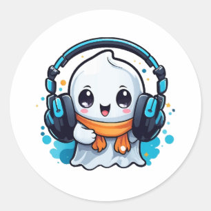 A cute and spooky ghost with headphones classic round sticker