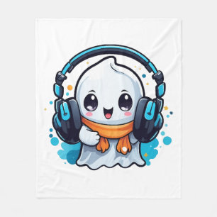 A cute and spooky ghost with headphones fleece blanket