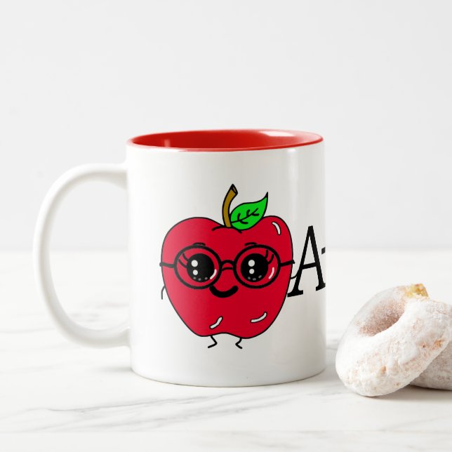 A+ Cute Apple Teacher Appreciation Gift Two-Tone Coffee Mug (With Donut)