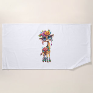 A Cute Baby Giraffe With Floral And Feather Accent Beach Towel