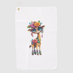 A Cute Baby Giraffe With Floral And Feather Accent Golf Towel