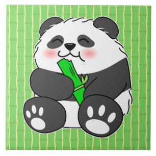 A Cute Baby Panda Eating Bamboo Stalk Ceramic Tile