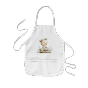 A cute bear on a log with a jar of honey kids apron