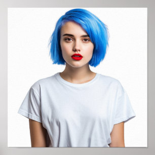A cute blue hair model wearing Gildan Tee Poster