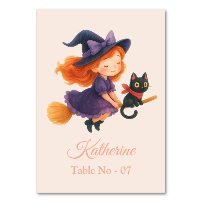 A Cute Boo & Cat with a Broom  Table Number (Front)