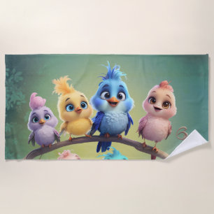 A cute cartoon bird parade in vibrant colours. beach towel