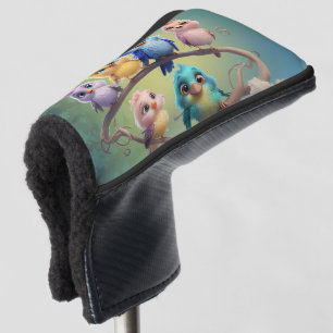 A cute cartoon bird parade in vibrant colours.  golf head cover