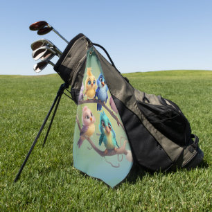 A cute cartoon bird parade in vibrant colours. golf towel