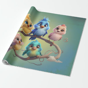 A cute cartoon bird parade in vibrant colours.  wrapping paper