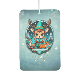 A cute cartoon style reindeer elf car air freshener