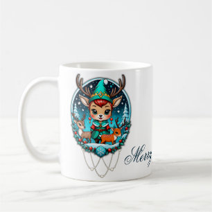 A cute cartoon style reindeer elf coffee mug