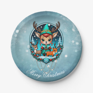 A cute cartoon style reindeer elf paper plate
