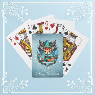 A cute cartoon style reindeer elf playing cards