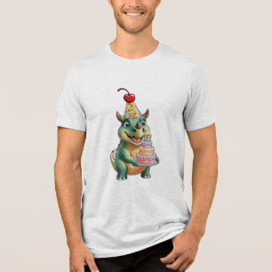 A cute cartoon Triceratops with a birthday hat and Tri-Blend Shirt