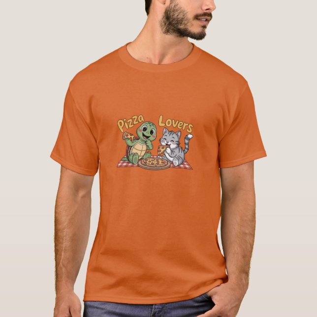 A cute cat and turtle enjoy eating pizza T-Shirt (Front)