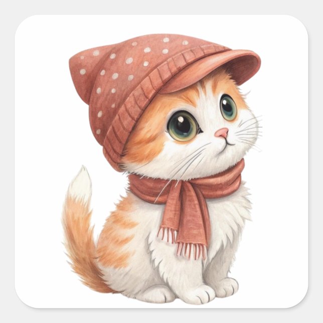 A Cute Cat, Hat And Scarf, Pastel Colour Square Sticker (Front)