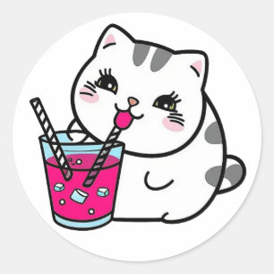 A cute cat pink drink a straw classic round sticker