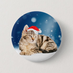 A Cute Cat wearing red Santa hat Christmas Snow 6 Cm Round Badge
