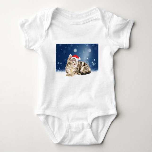A Cute Cat wearing red Santa hat Christmas Snow Baby Bodysuit (Front)
