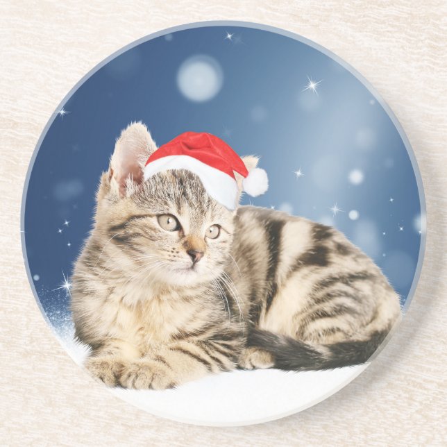 A Cute Cat wearing red Santa hat Christmas Snow Coaster (Front)