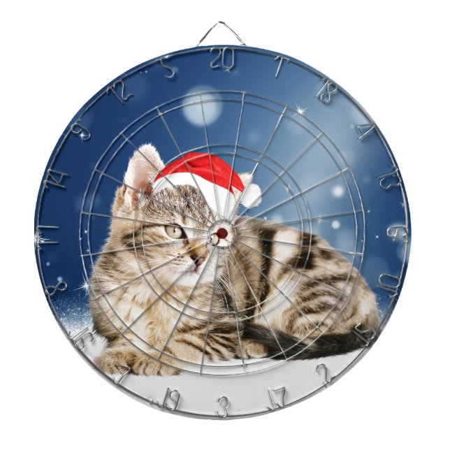 A Cute Cat wearing red Santa hat Christmas Snow Dartboard (Front)