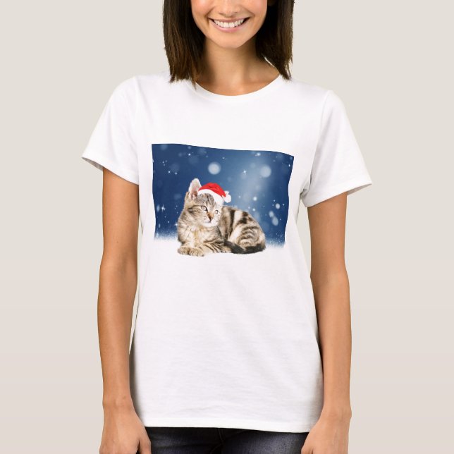 A Cute Cat wearing red Santa hat Christmas Snow T-Shirt (Front)