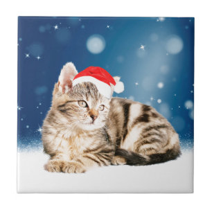A Cute Cat wearing red Santa hat Christmas Snow Tile