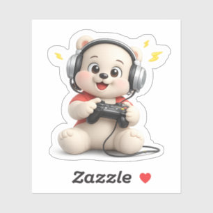 A cute character of a bear playing PlayStation.