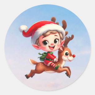 A cute Christmas Elf getting a ride on Rudolph Classic Round Sticker