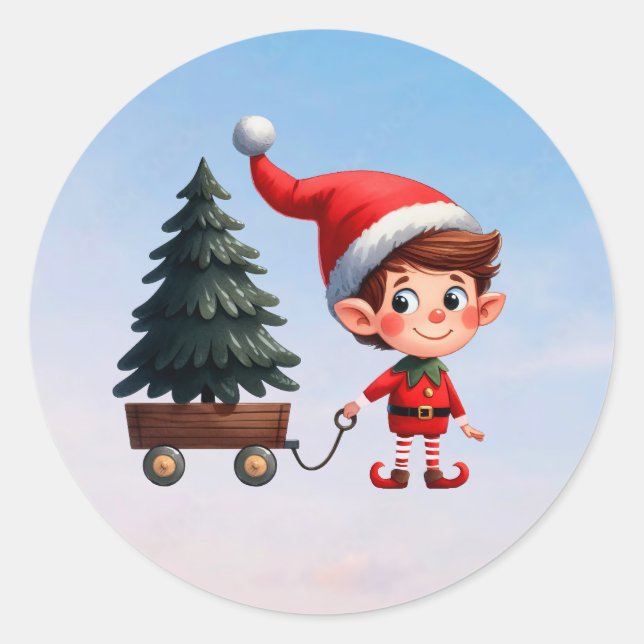 A cute Christmas Elf pulling a wagon with a tree Classic Round Sticker (Front)
