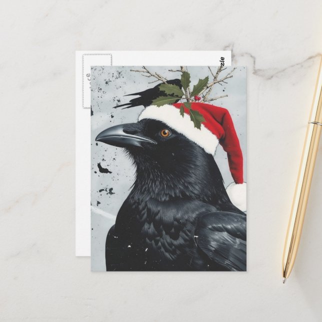A Cute Christmas Raven Postcard (Front/Back In Situ)