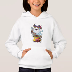 A cute, clumsy ghost spilling coffee