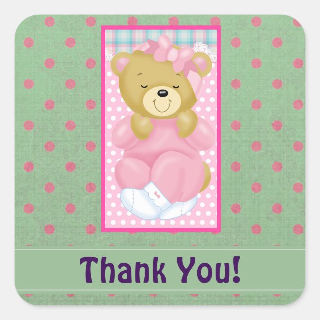 A Cute Cuddly Bear Dressed in Pink Thank You Square Sticker (Front)