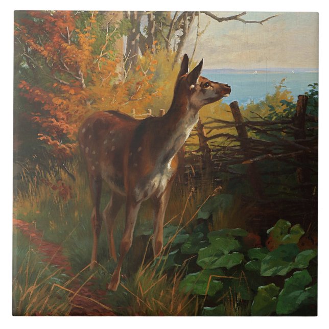 A Cute Deer In The Forest Ceramic Tile (Front)