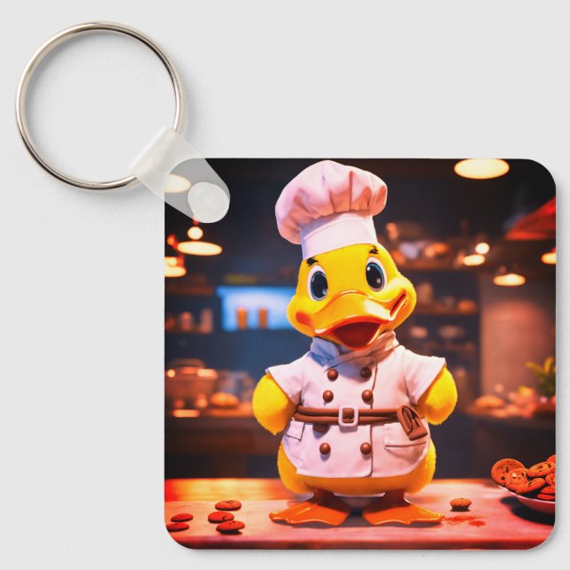 A cute duck wearing a chef uniform square keychain (Front)