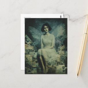 A Cute Fairy Sits on Vintage Postcards Pile
