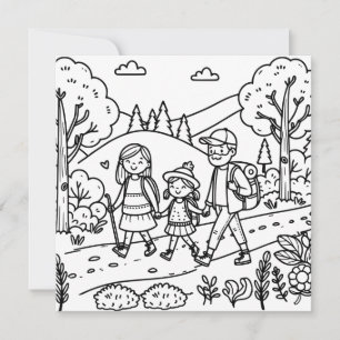 A cute Family Hiking and Camping Colouring Page