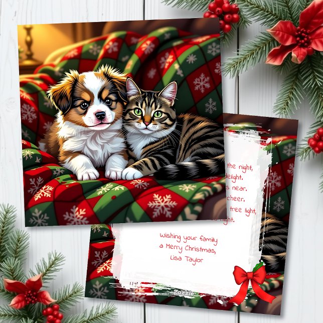 A Cute Festive Dog and Cat Personalized Christmas Holiday Card (Creator Uploaded)