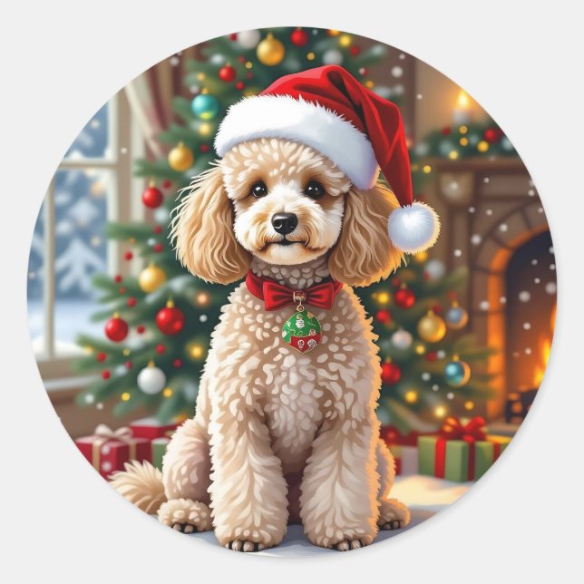 A Cute Festive Poodle Christmas   Classic Round Sticker (Front)