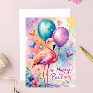 A Cute flamingo with ballons heart birthday Card