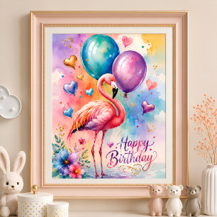 A Cute flamingo with ballons heart birthday Poster