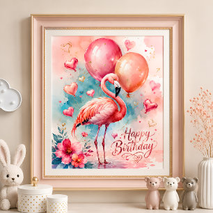 A Cute flamingo with ballons heart birthday Poster