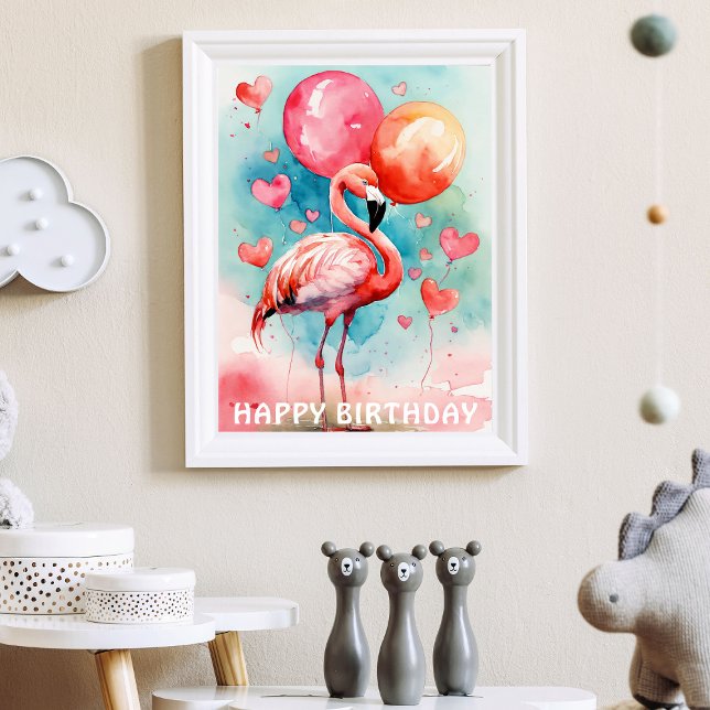 A Cute flamingo with ballons heart birthday  Poster (Creator Uploaded)