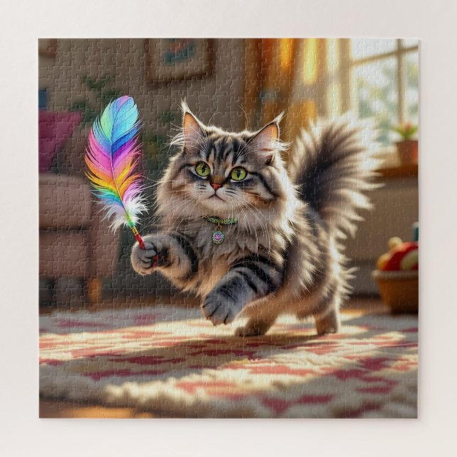 A Cute Fluffy Cat Chasing a Feather Jigsaw Puzzle (Vertical)