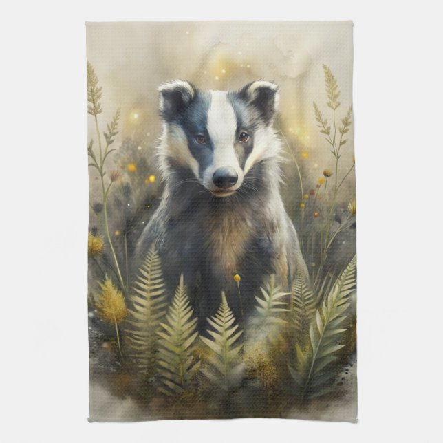 A Cute Forest Badger Tea Towel (Vertical)