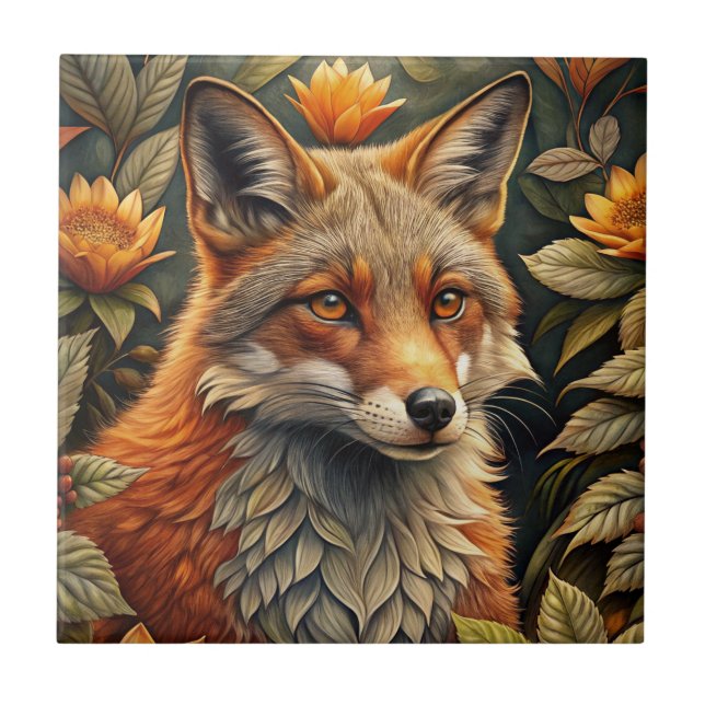 A Cute Forest Red Fox Ceramic Tile (Front)