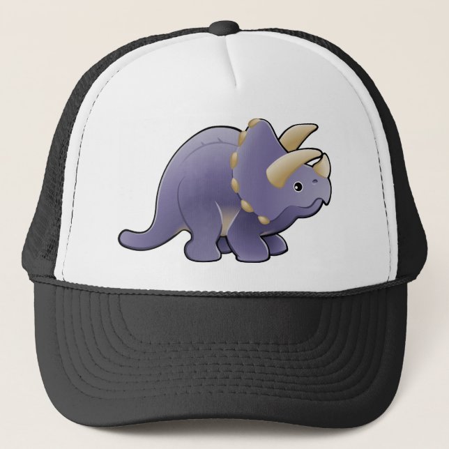 A cute friendly triceratops dinosaur trucker hat (Front)